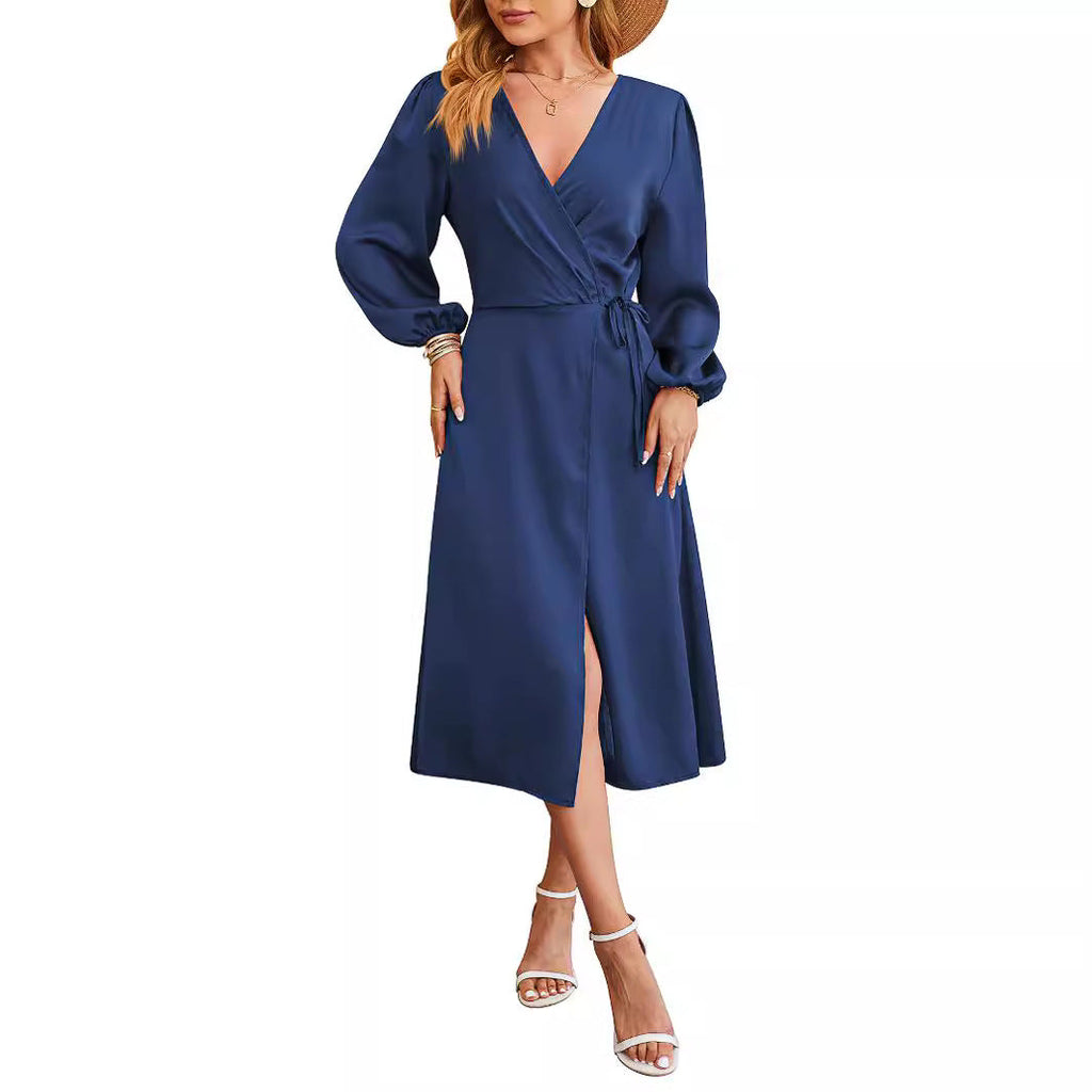 New Satin Solid-color V-neck Skirt With A Slitsexy Dress