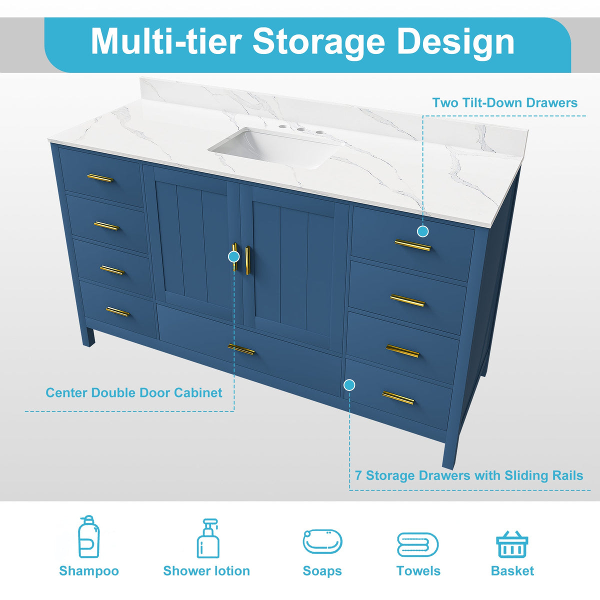 60" Solid Wood Bathroom Vanity with Carrara Sink - Blue or White