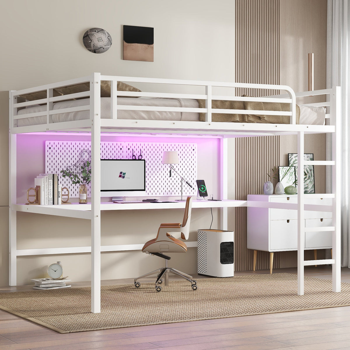 Metal Queen Size Loft Bed with Power Outlet and LED Lighted
