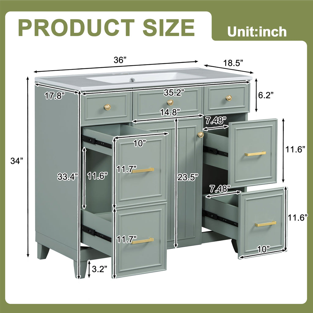 36" Green Bathroom Vanity with Ceramic Sink - Solid Wood Frame