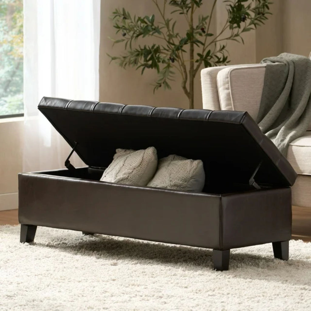 Ottoman Bench with Storage with Button-Tufting - Dark Brown