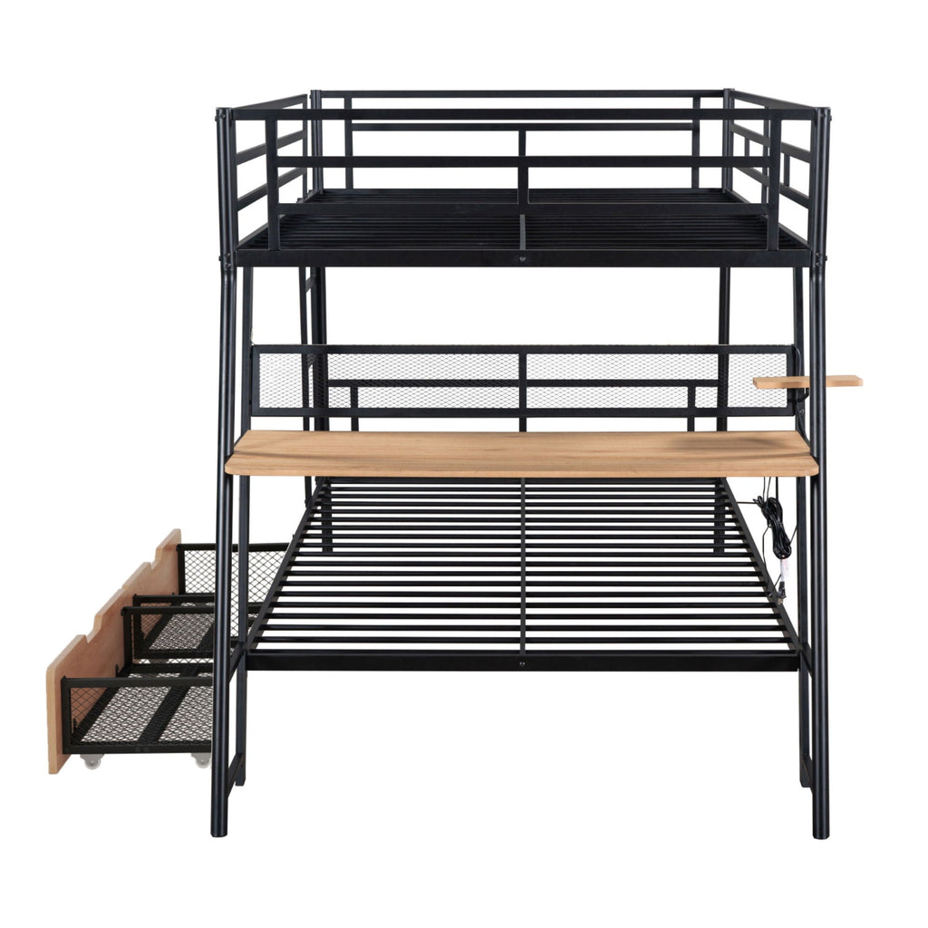 Full Size Bunk Bed With Built In Desk, Light, And 2 Drawers - Black