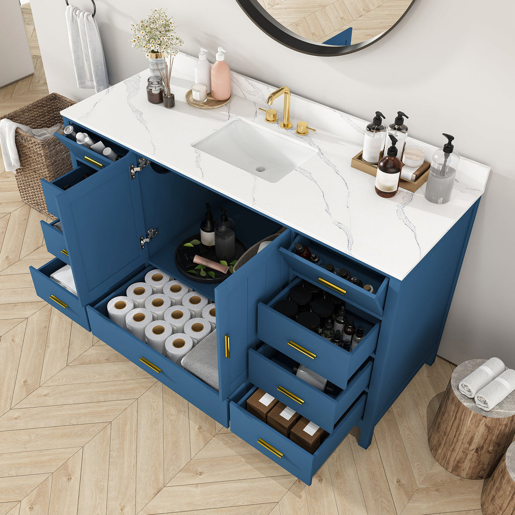 60" Solid Wood Bathroom Vanity with Carrara Sink - Blue or White