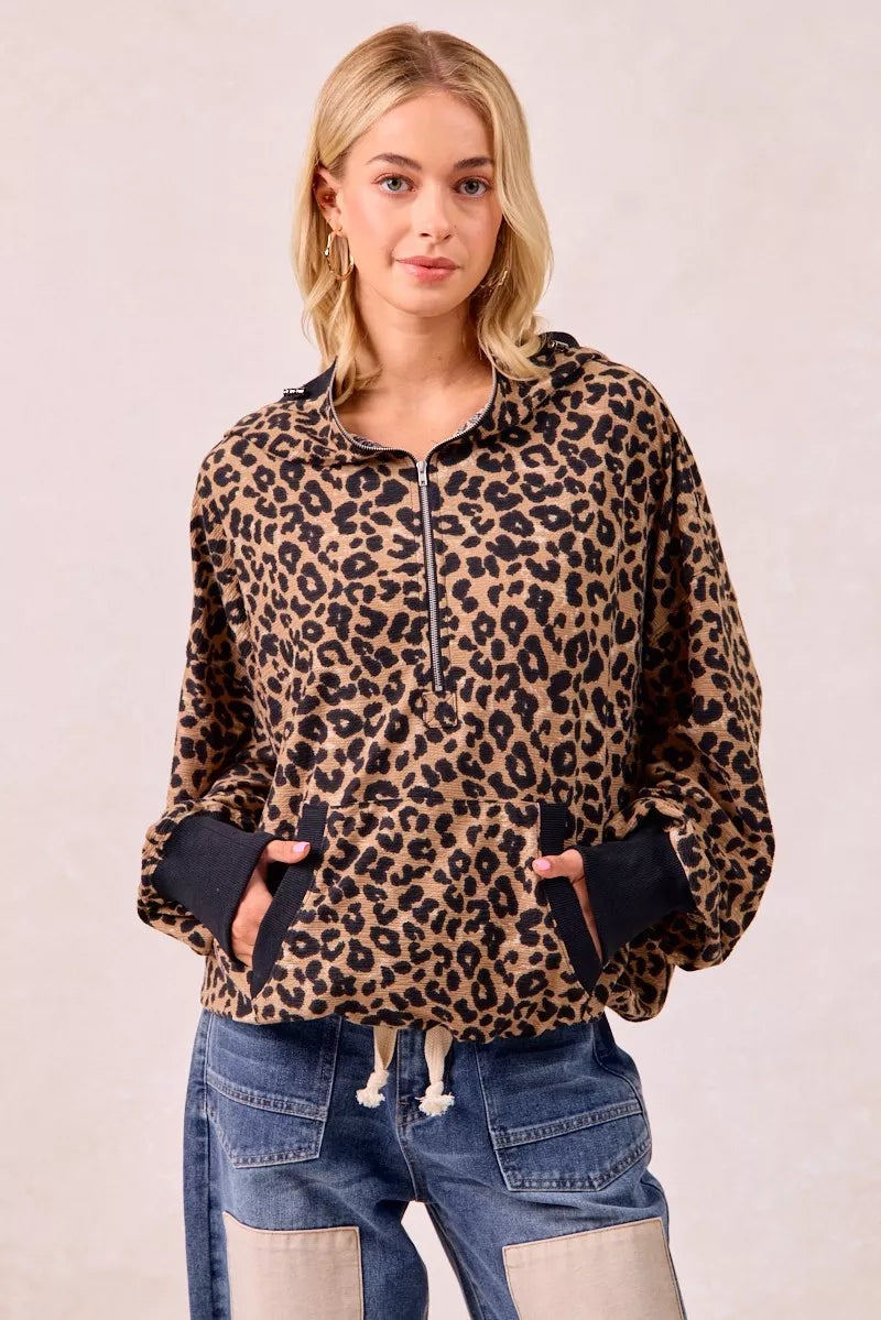 BiBi Leopard Print Waffle Half Zip Up Hoodie W Pocket