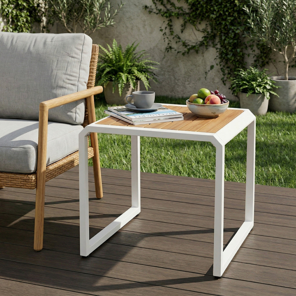 Outdoor Side Table with Teak Wood Top – Acacia & Iron Frame
