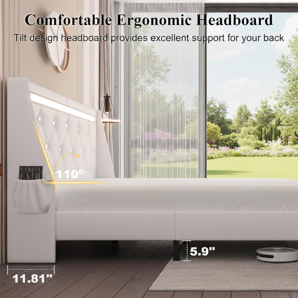 Queen Size Bed Frame with LED Lights and Charging Station