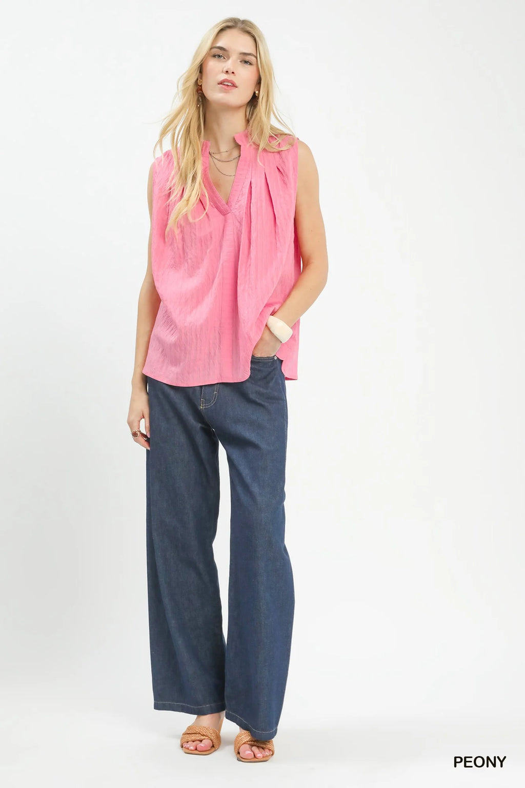 Umgee Sleeveless Textured Split Neck Top