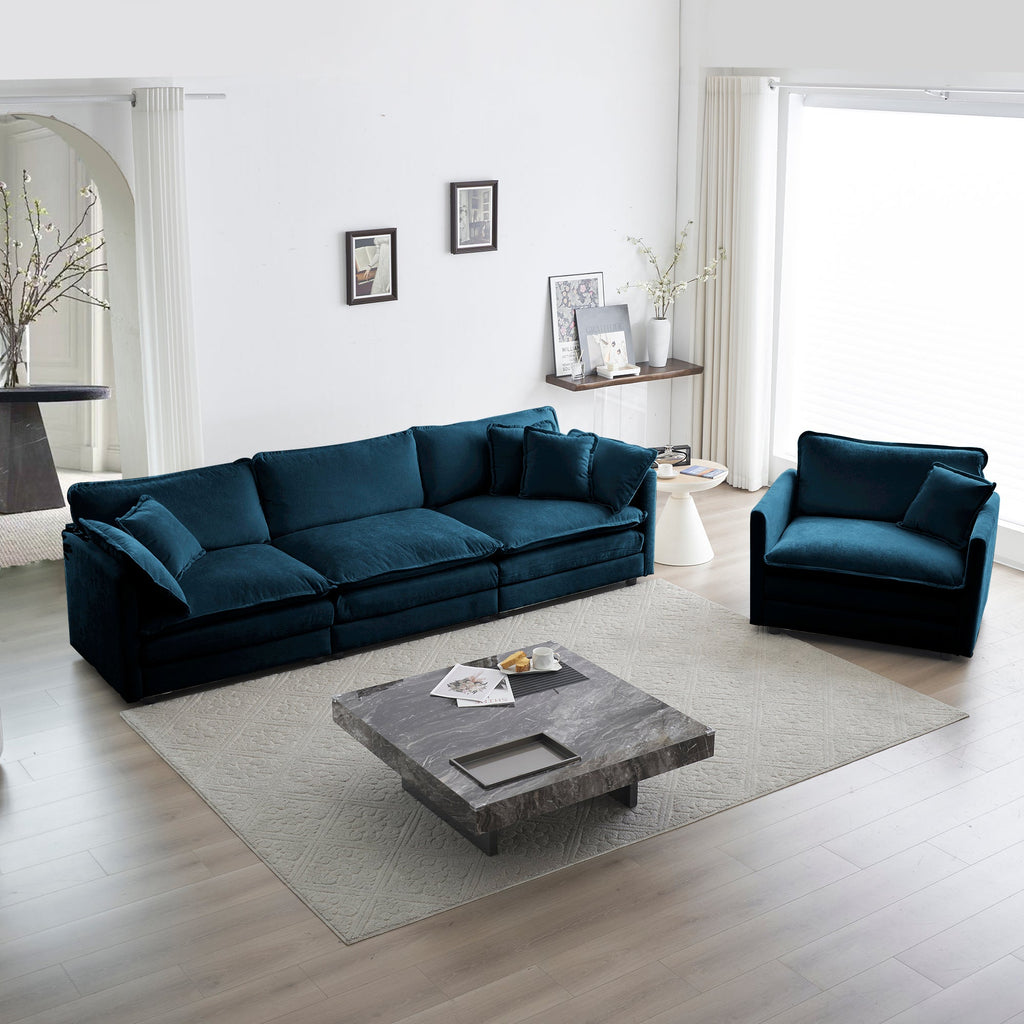 Blue Chenille 2-Piece Upholstered Sectional Sofa Set with Solid Wood Frame