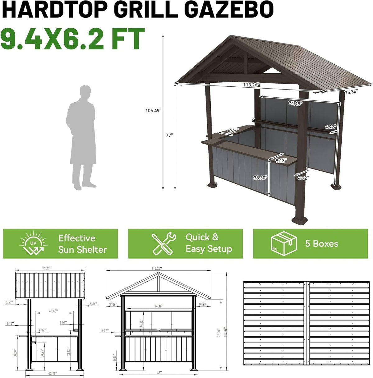 Hardtop Grill Gazebo with Storage Shelves & Resin Shade System - Brown