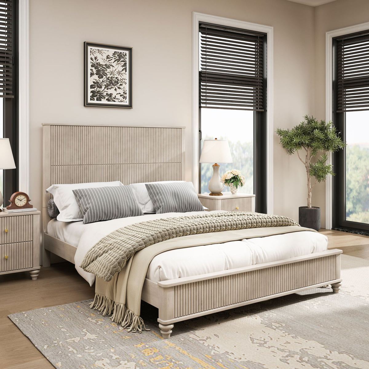 Platform Bed Frame with Tall Headboard - Solid Wood, Queen & King Sizes