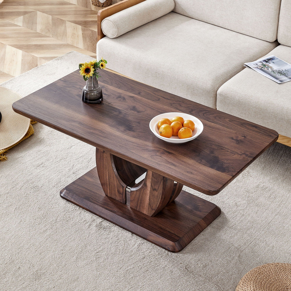 Modern Minimalist Rectangular Coffee Table with Walnut Grain Finish - Dark Brown