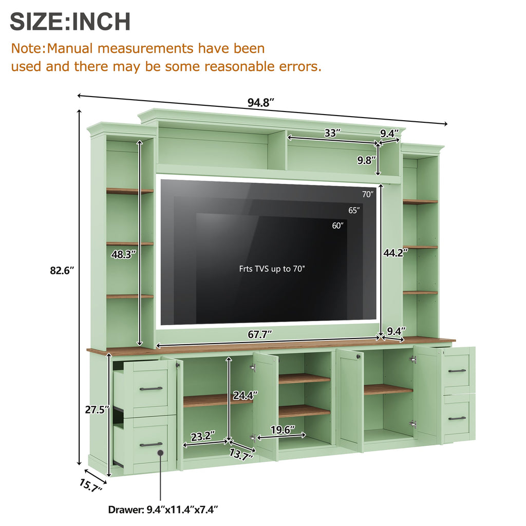4-in-1 Entertainment Center Wall Unit with Bookshelf for TVs Up to 70" - Black, White, Green