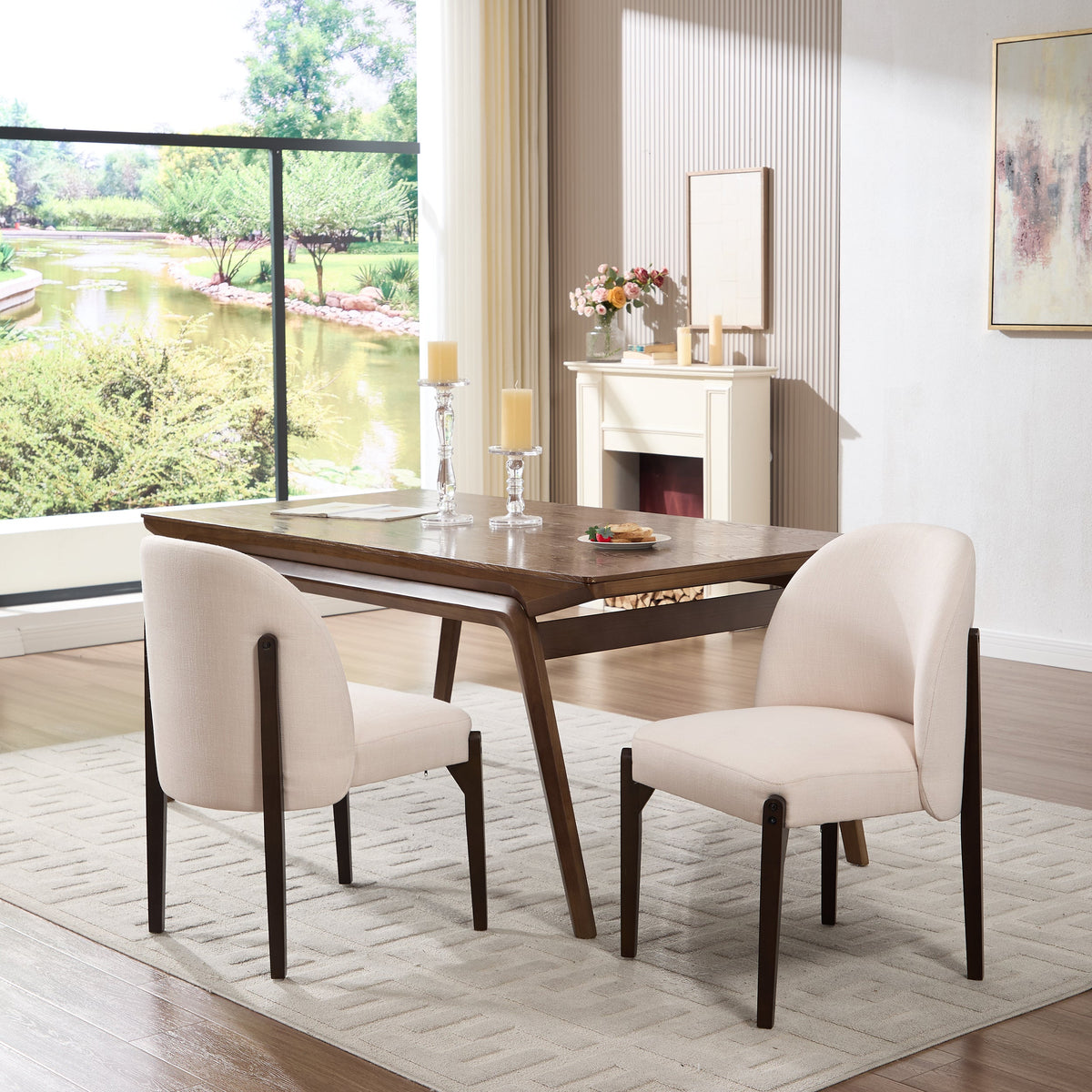 Wooden Dining Chairs Set of 2 with Fabric Upholstery - Beige