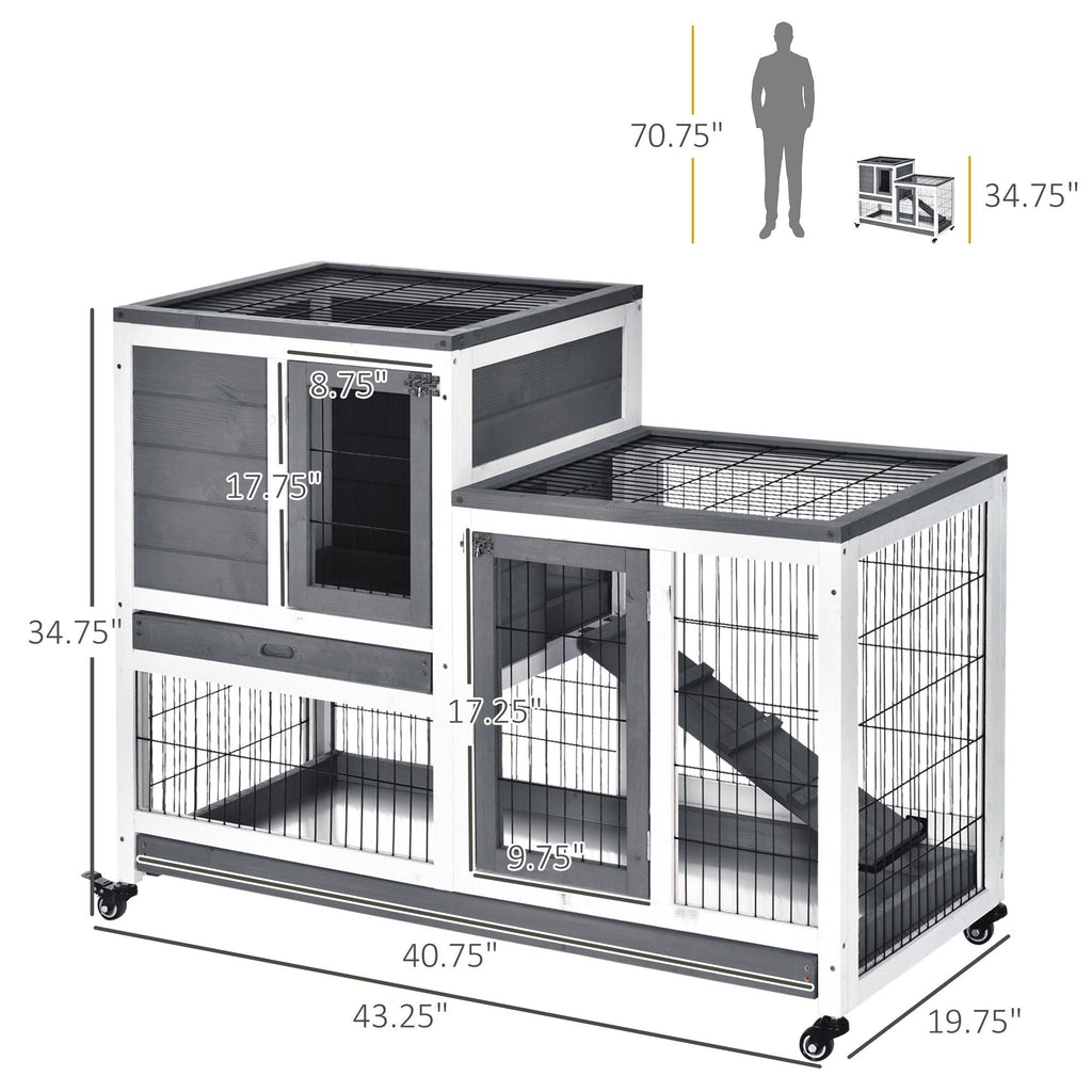 Wooden Rabbit Hutch with Wheels and Removable Tray - Gray