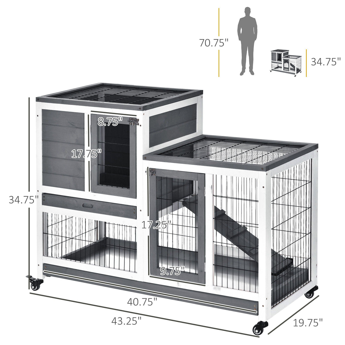 Wooden Rabbit Hutch with Wheels and Removable Tray - Gray