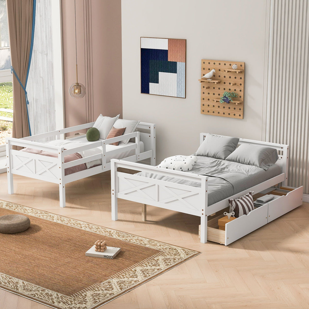 Twin Over Full Bunk Bed with Ladder and Storage Options - White or Dark Gray