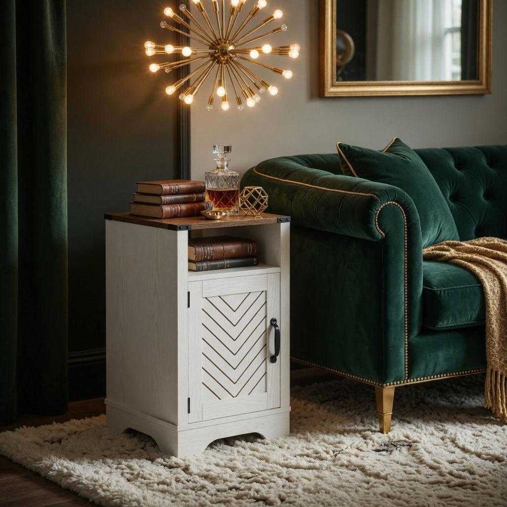 Farmhouse Nightstand with Charging Station & Storage - White