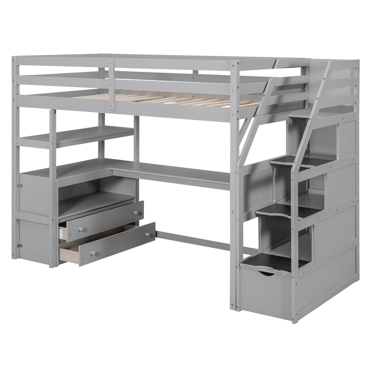 Loft Bed with Desk and Storage Staircase - Full or Twin, White or Gray