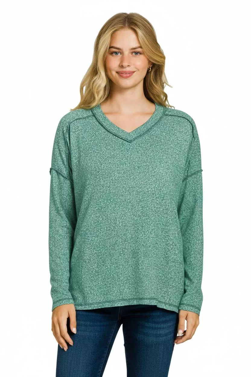 Zenana Soft Melange Hacci Exposed Seam Hi-low Tee