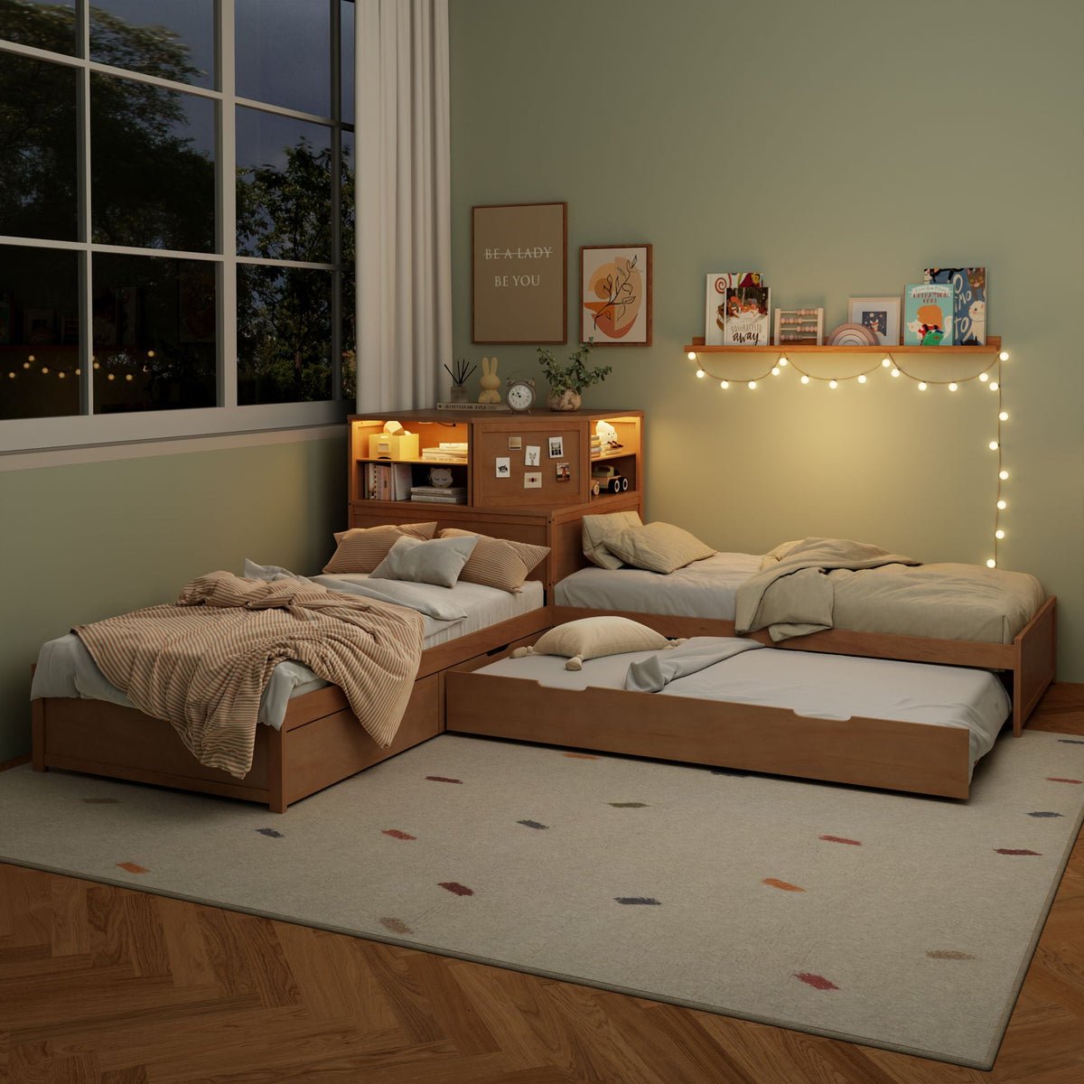 L-Shaped Bed Frame with Trundle, Desk & LED Lighting - Twin