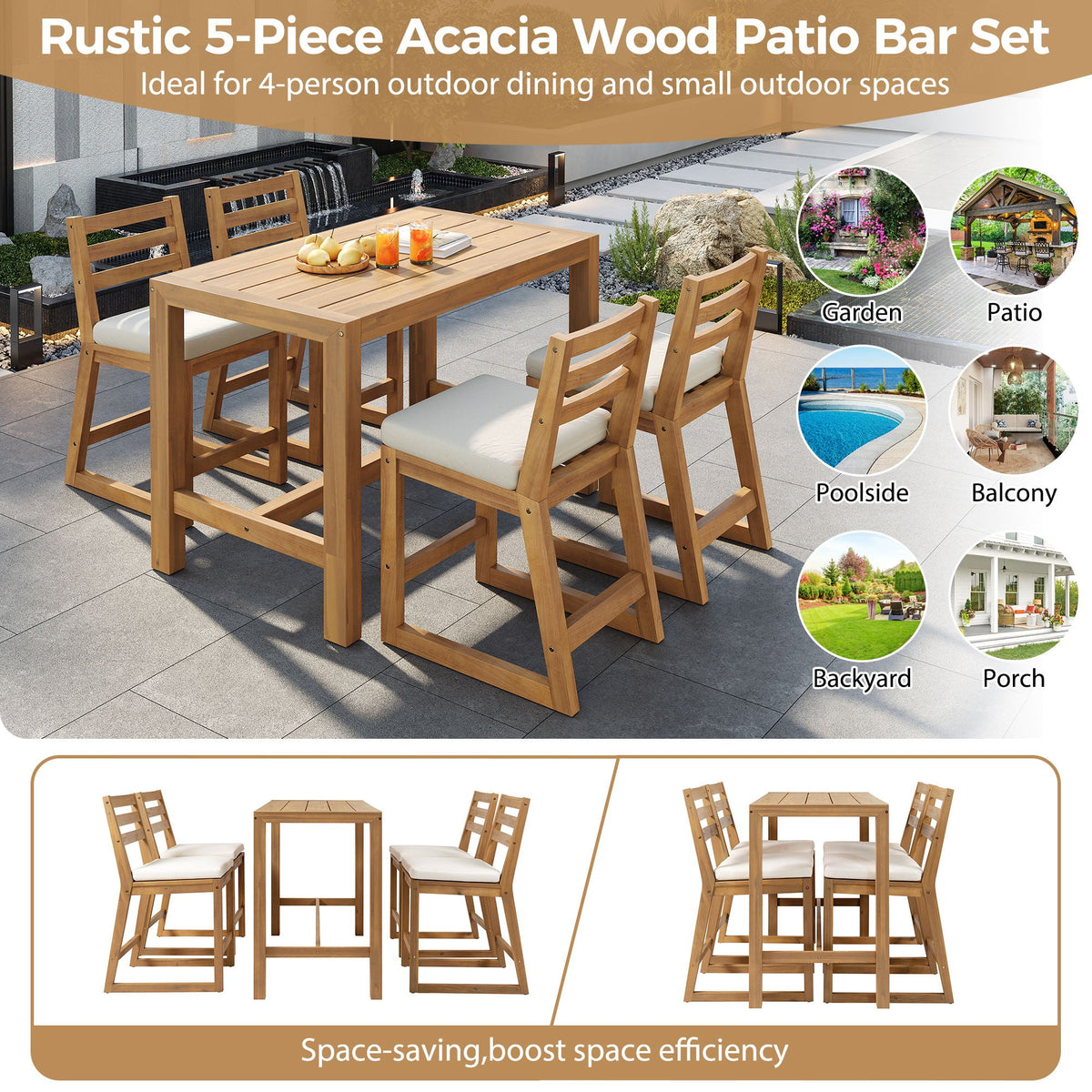 Patio Bar Set with Ergonomic Chairs - Light Brown or Dark Brown