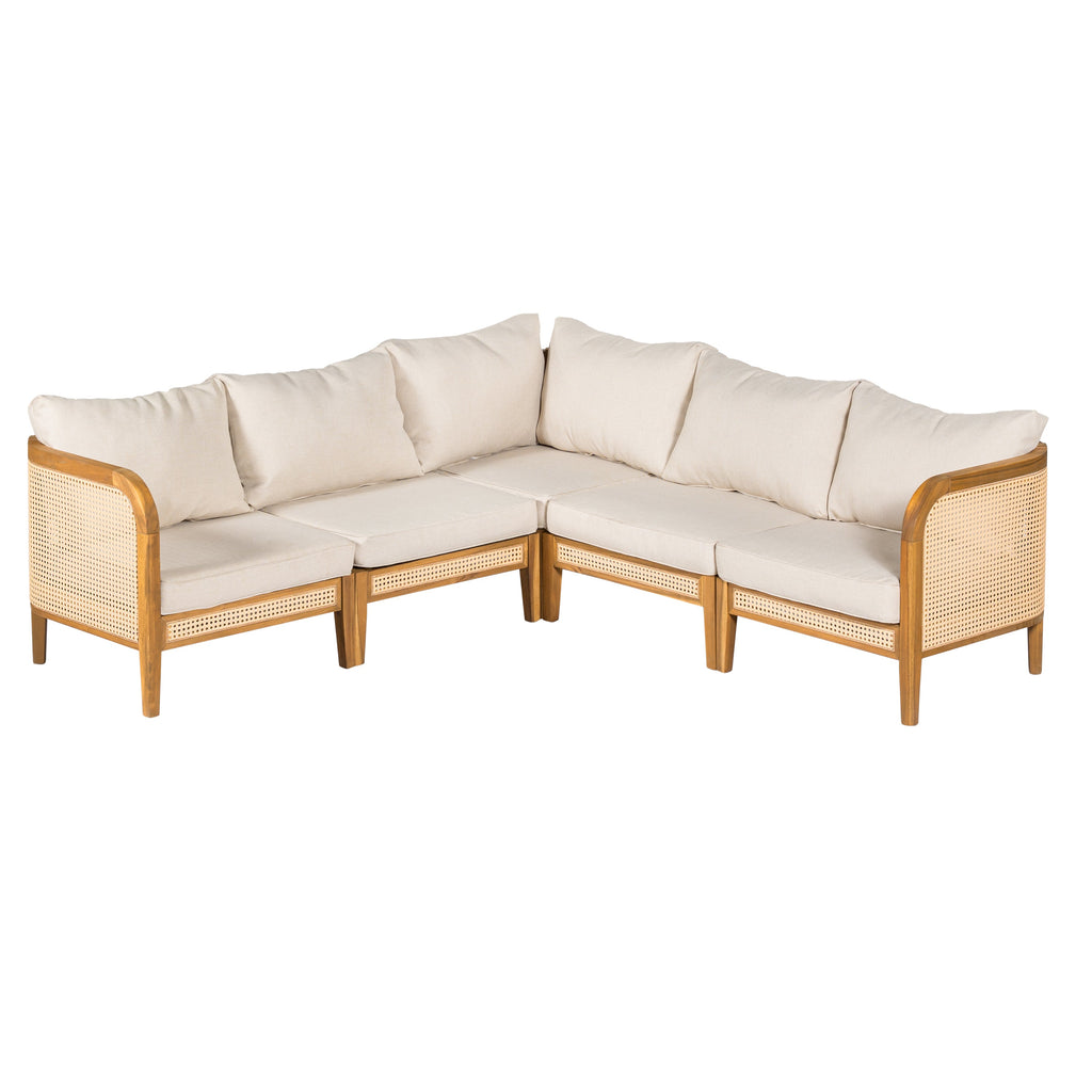 Kirkby Outdoor 5 Seater V-Shaped Acacia Wood Sofa with Cushions