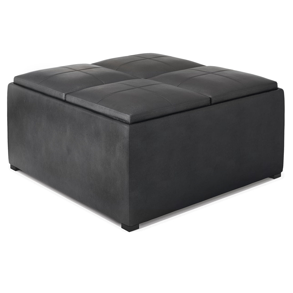 Upholstered Square Coffee Table Storage Ottoman with Flip Serving Trays - Black or Dark Brown