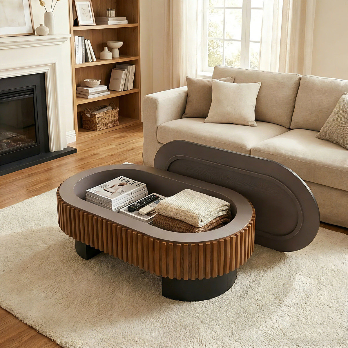 Elliptical Living Room Coffee Table with Hidden Storage and Removable Tabletop - Black or Light Brown