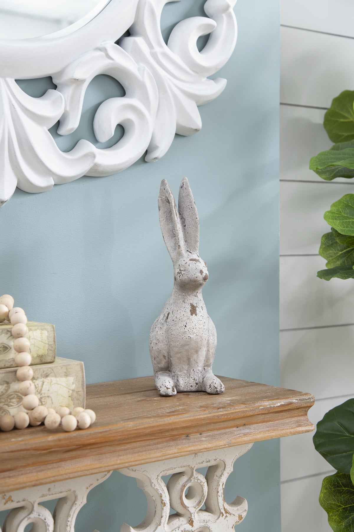 Weathered Cement Rabbit Statue with Rustic Finish - Cement