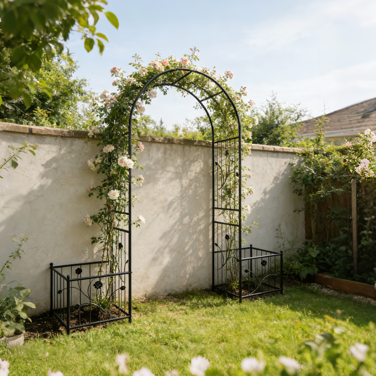 Metal Garden Arch with Two Plant Stands – Iron Trellis for Climbing Plants