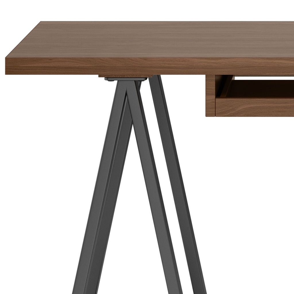 Handcrafted Solid Writing Desk with Sawhorse Metal Supports - Dark Brown