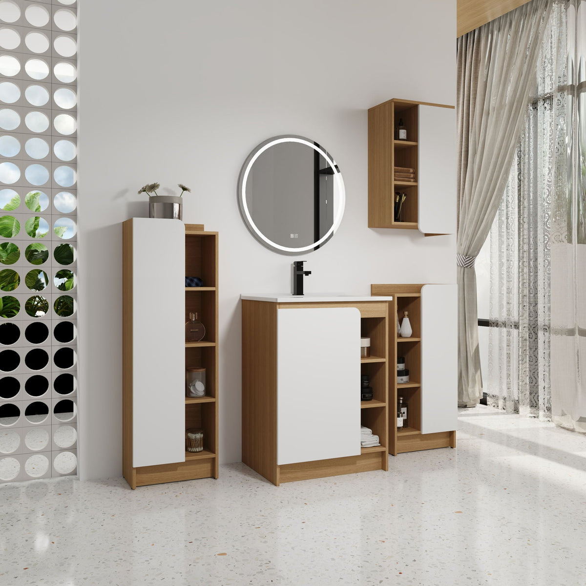 4 Piece Bathroom Vanity Set with Integrated Ceramic Sink and Storage - Black, Light Oak, White