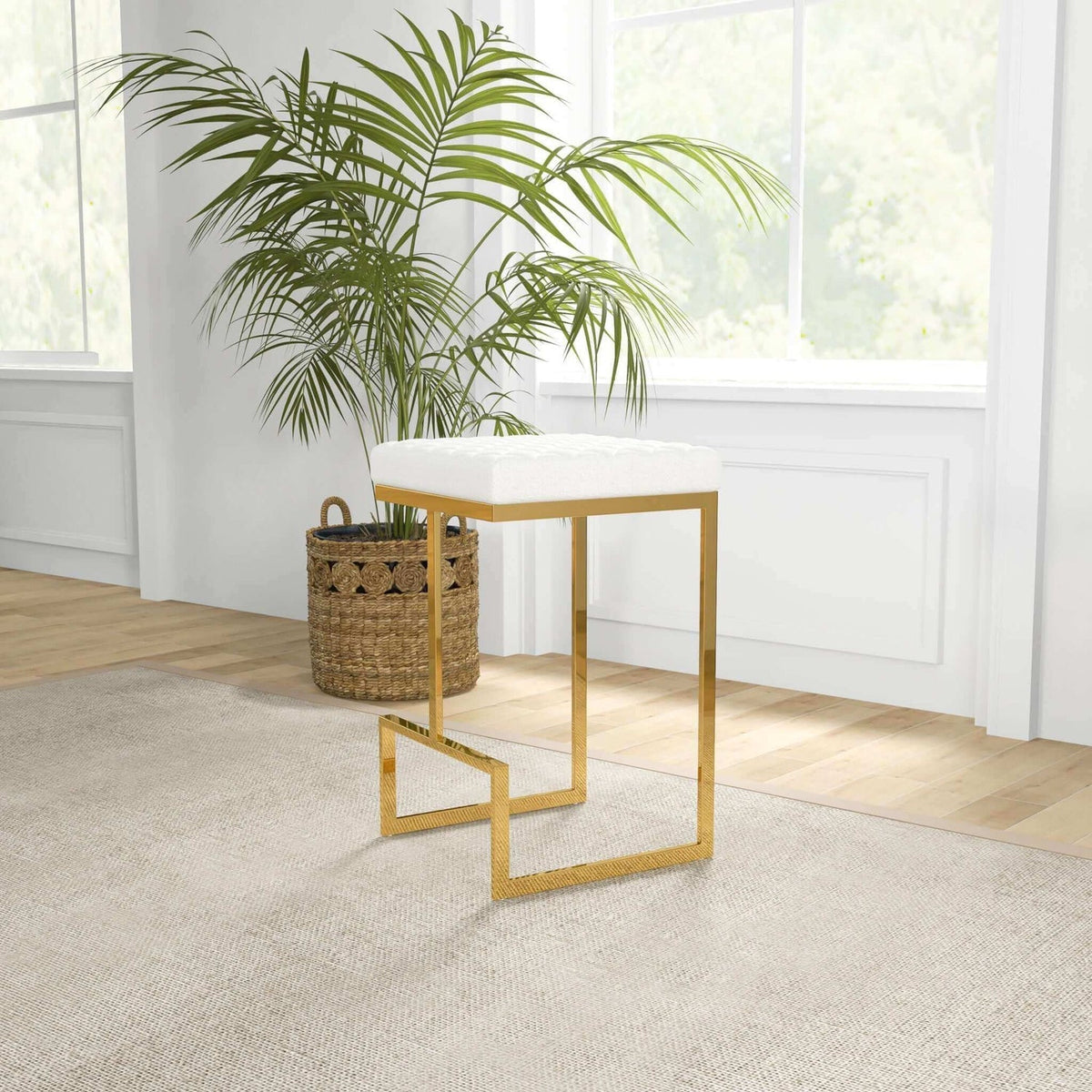 Mid Century Modern Upholstered Stool with Boucle Fabric - Beige or Grey