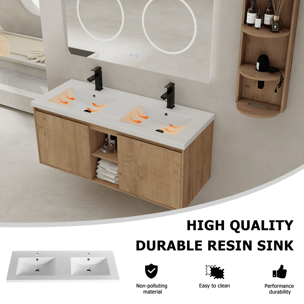 48" Wall Mounted Bathroom Vanity With Double Resin Sink And Storage Rack Soft Close Doors Plywood Construction - Imitative Oak