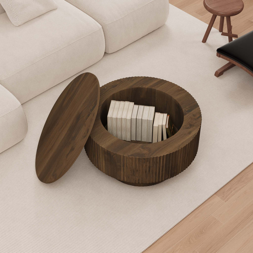 Modern Circular Coffee Table with Stripe Design and Storage Space - Light Brown or Dark Brown