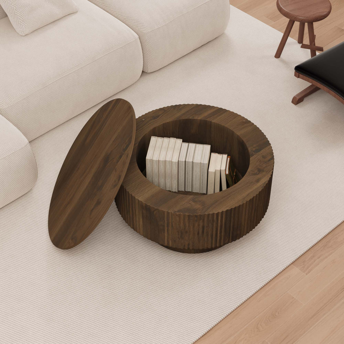 Modern Circular Coffee Table with Stripe Design and Storage Space - Light Brown or Dark Brown