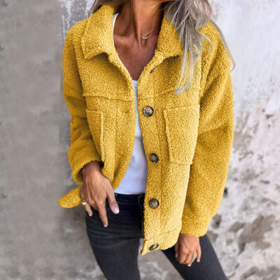 Comfortable Modern Women Full Size Fuzzy Button-Up Jacket with Drop Shoulder and Pockets