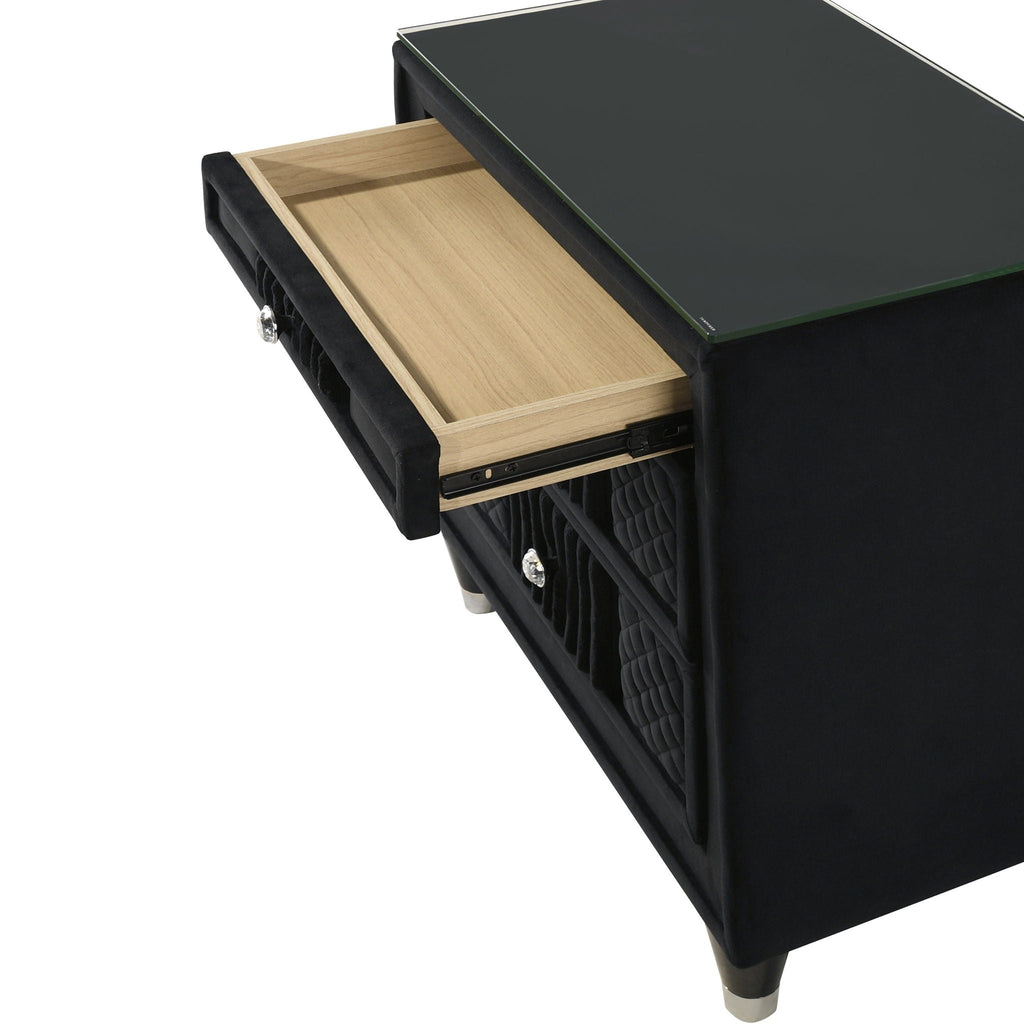 Black Upholstered Nightstand with Crystal Knobs – Luxurious Storage
