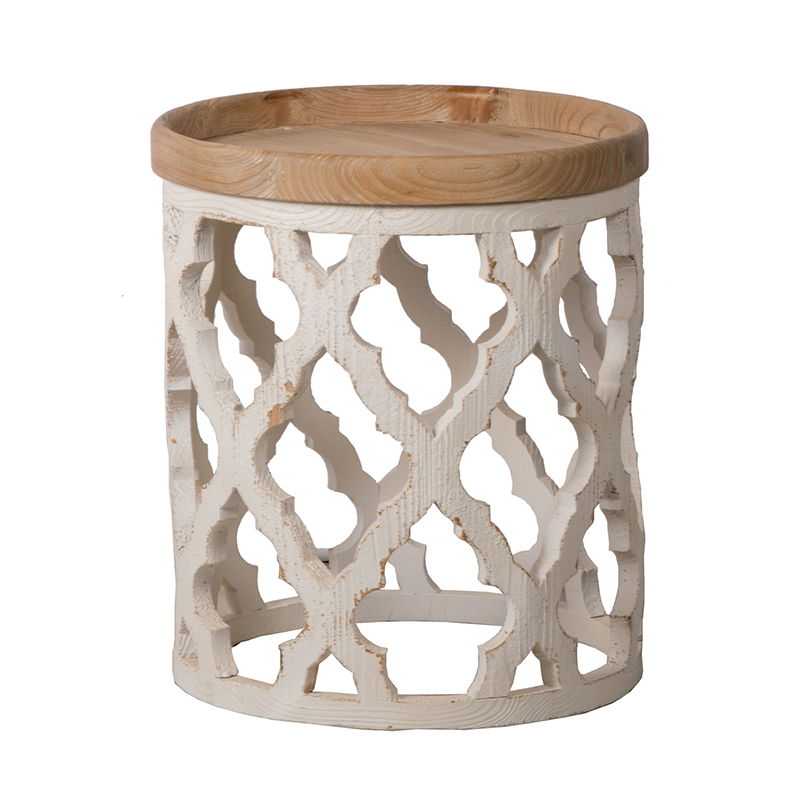 Rustic Round Wooden Side Table with Lattice Detail - Light Brown