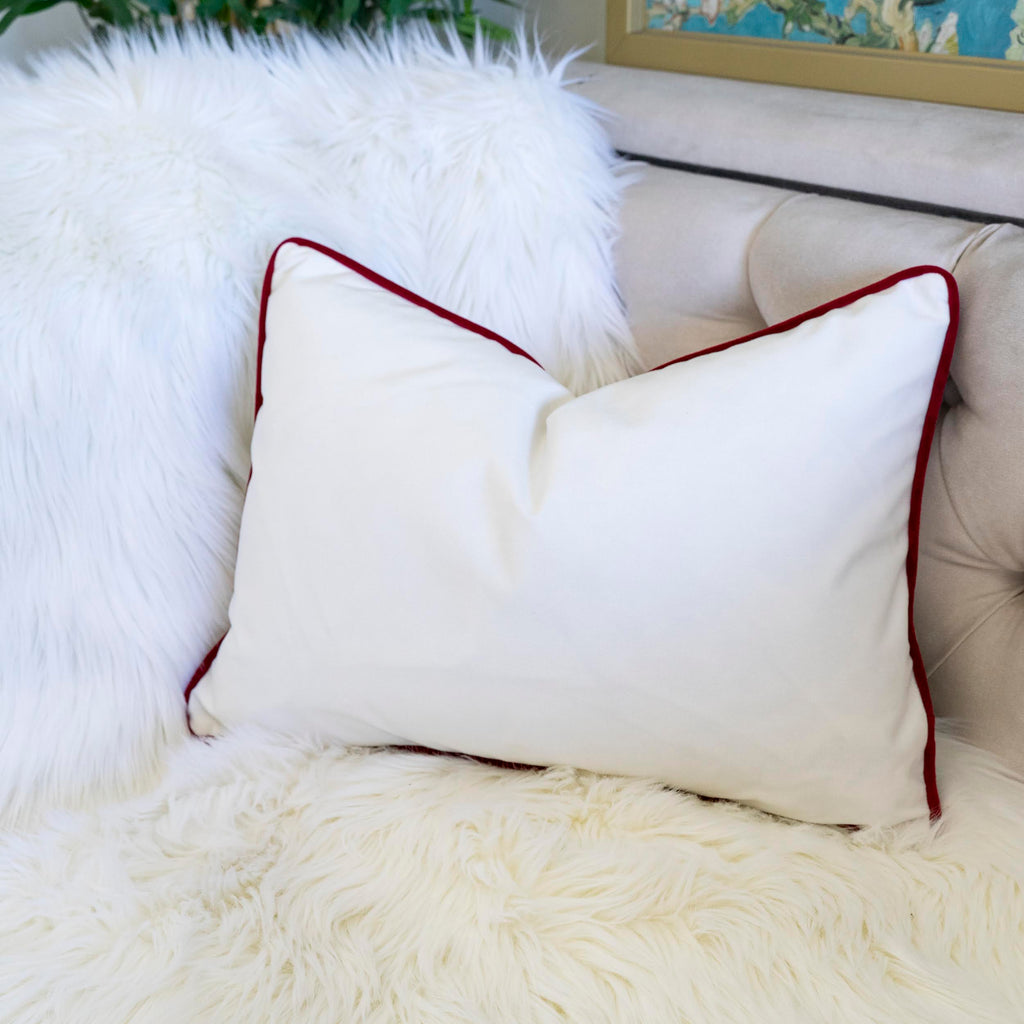 Joy Embroidered Christmas Throw Pillow with Velvet Finish - White and Red