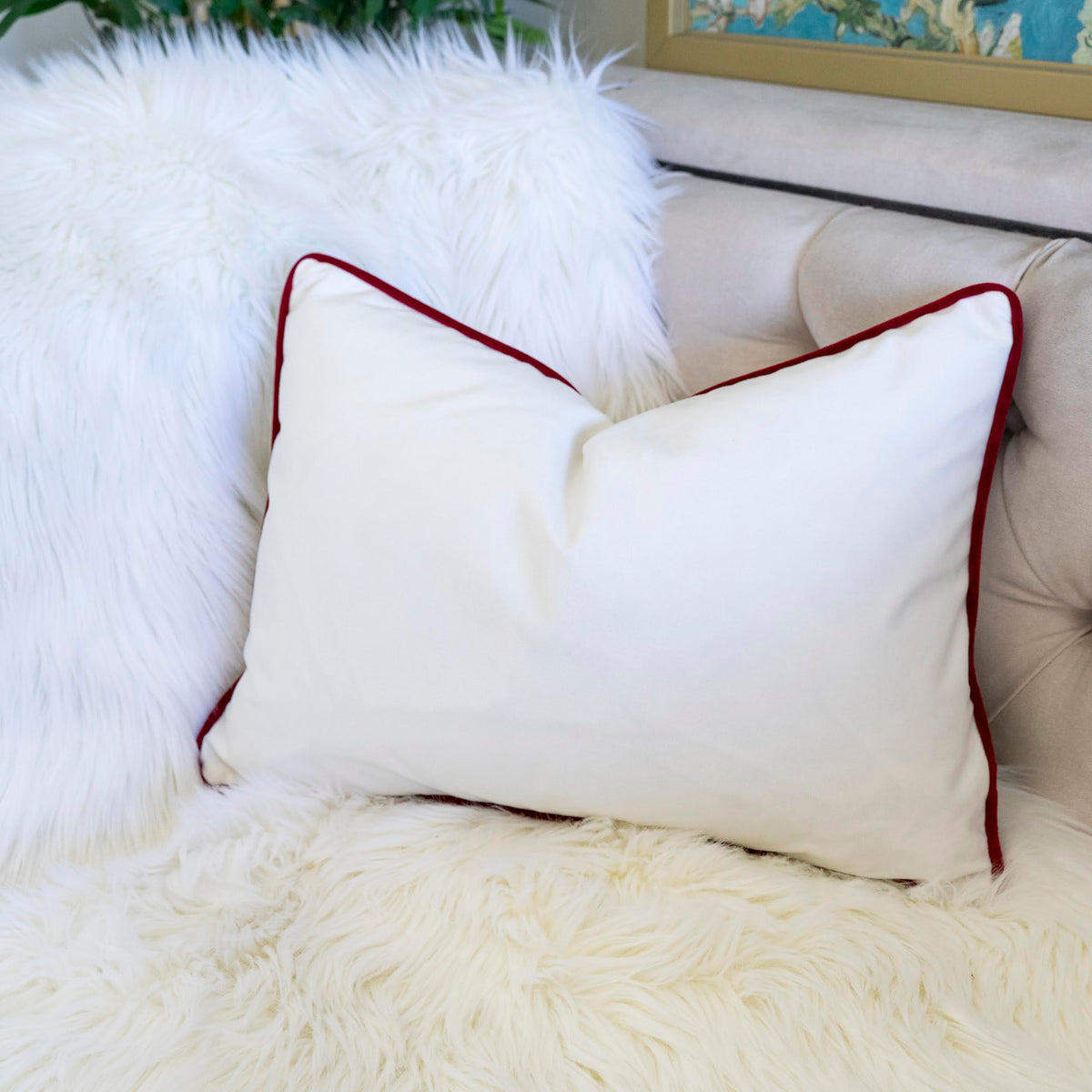 Joy Embroidered Christmas Throw Pillow with Velvet Finish - White and Red