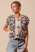 SO ME Big Metal Button Front Leopard Sweater Vest Top