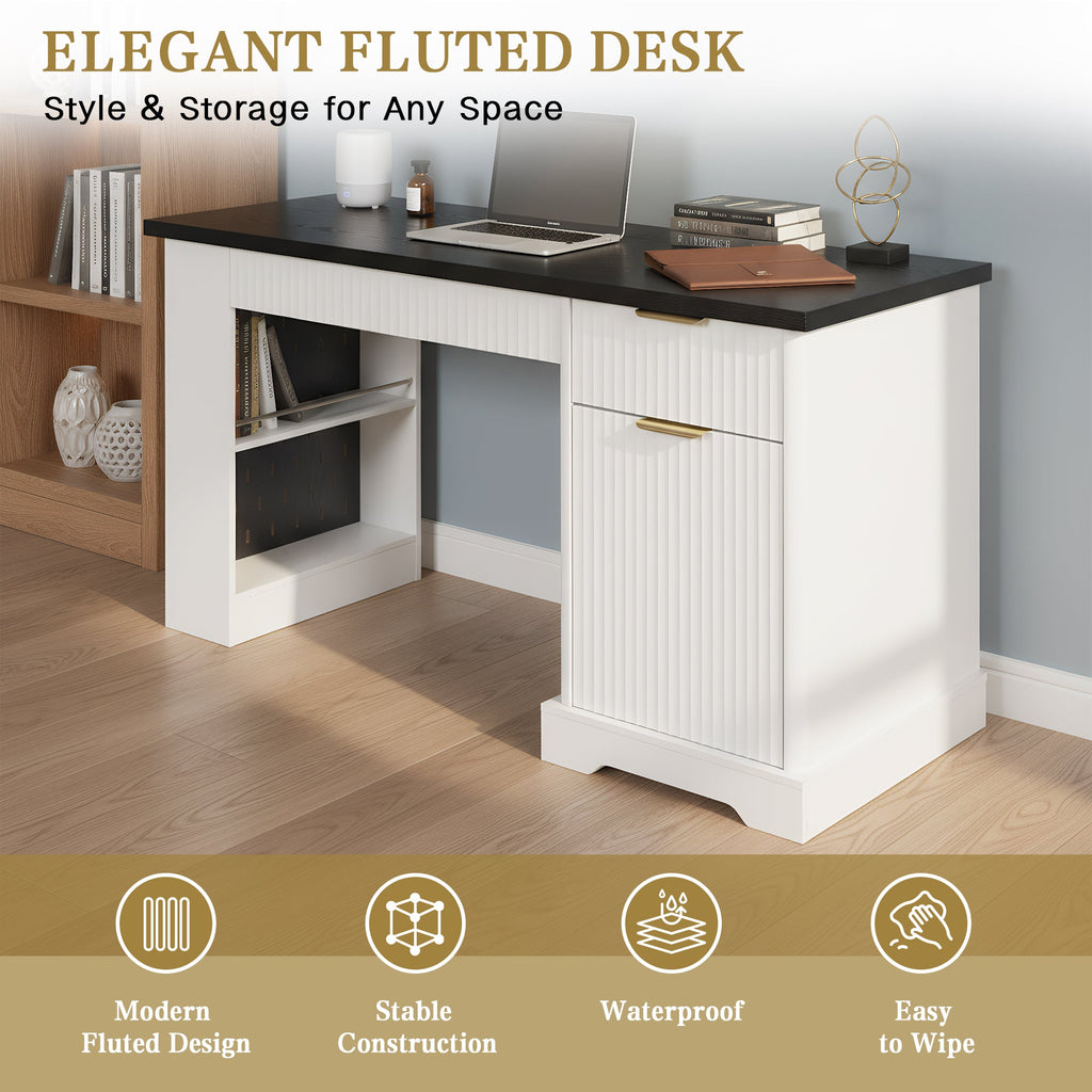 55" Modern Fluted Office Desk with Storage Cabinet & Drawers - MDF
