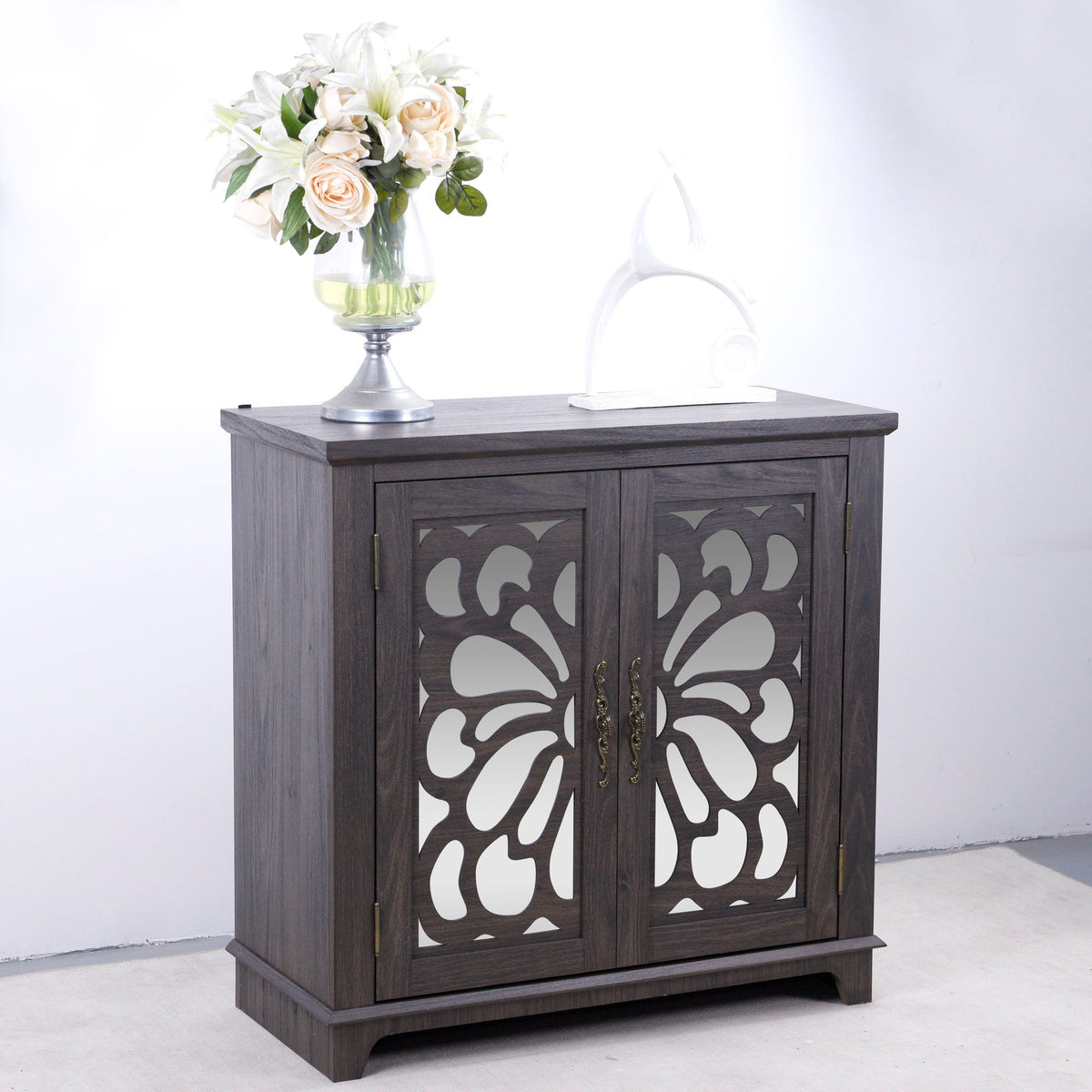 Elegant Sideboard With 2 Acrylic Mirrored Doors, Adjustable Shelf Storage