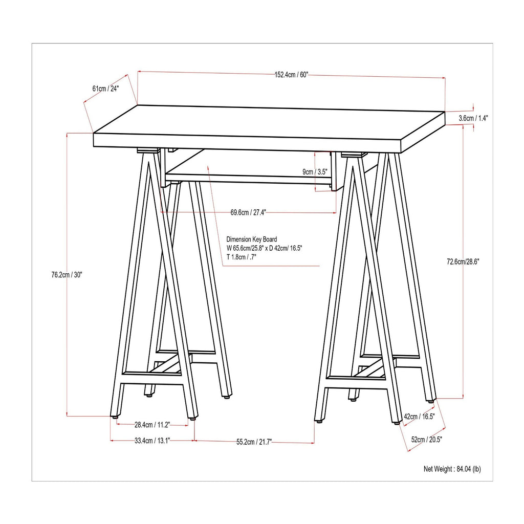 Handcrafted Solid Writing Desk with Sawhorse Metal Supports - Dark Brown