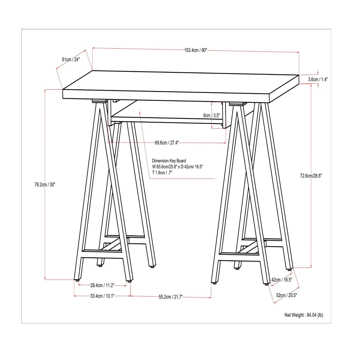 Handcrafted Solid Writing Desk with Sawhorse Metal Supports - Dark Brown