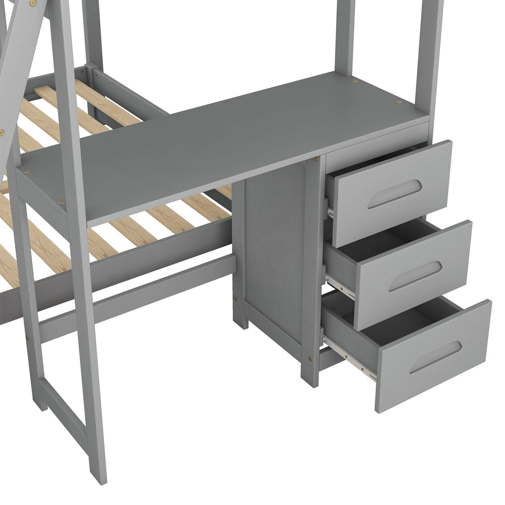 Bunk Bed with Built-In Desk and 3 Drawers - Twin over Full