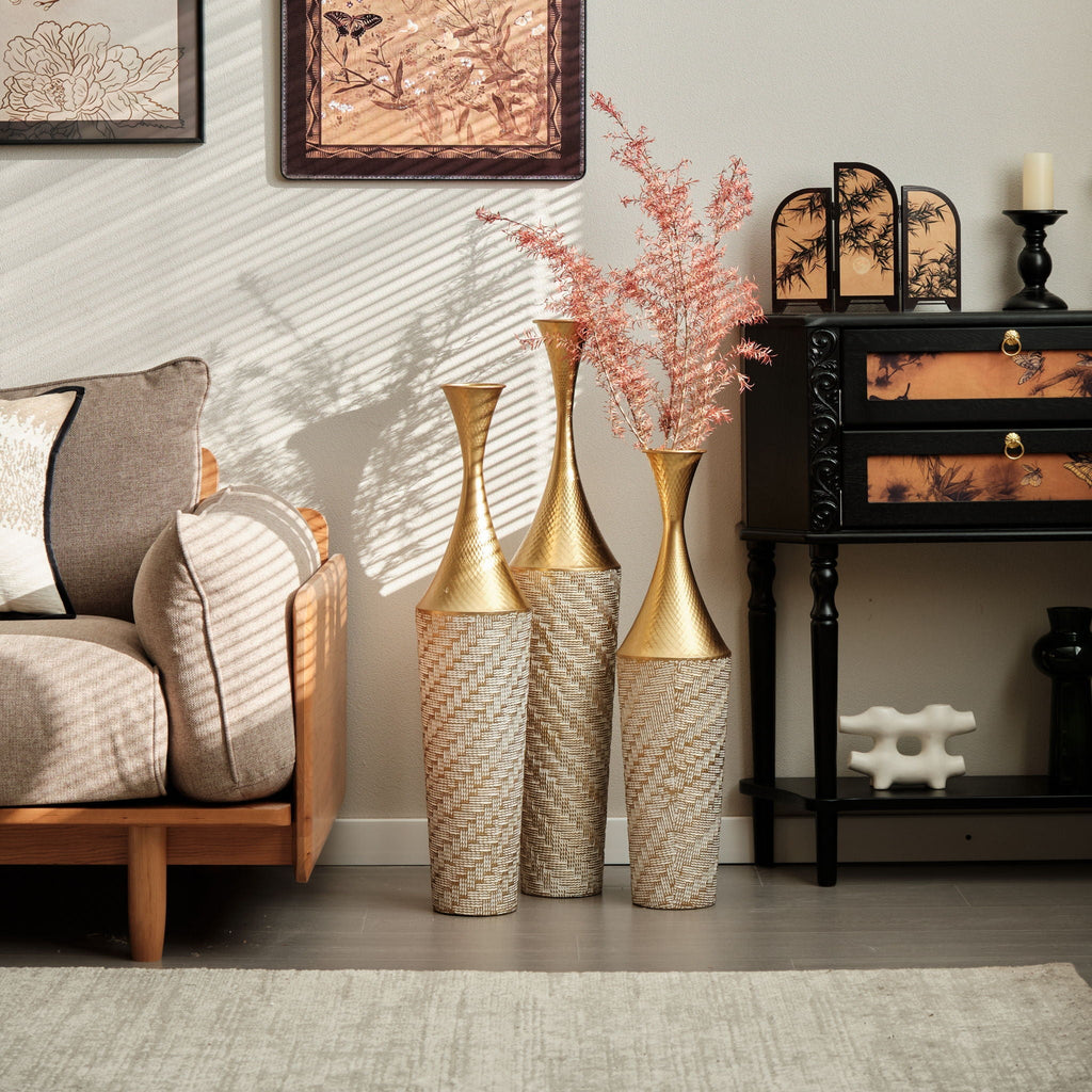 Champagne Floor Metal Vase 3-Piece Set with Woven Pattern - Modern Style