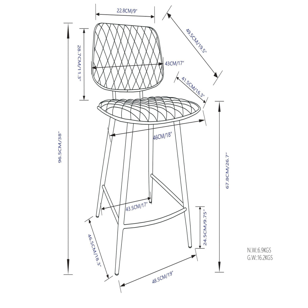 Upholstered Counter Height Stool Set with Quilted Seat – Black or Dark Gray