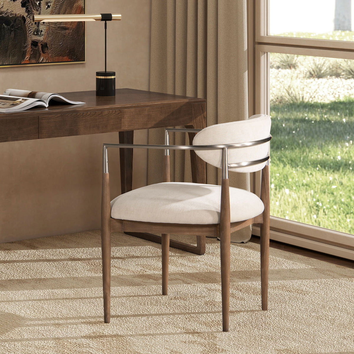 Artemis Mixed Material Upholstered Dining Arm Chair with Brushed Nickel Arms - Warm White